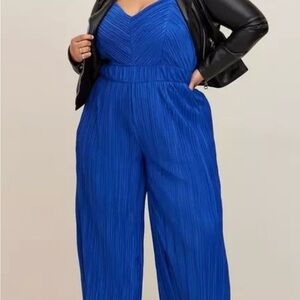 Torrid Women Sz 0 Large Blue Chiffon Pleated Jumpsuit Palazzo Wide Leg Event New
